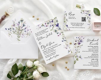 Wildflower Wedding Invitations: Dusty Blue & Lavender (Digital File)