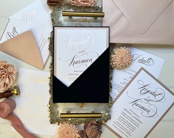 Sample Pack - Black Velvet Angled Pocket Rose-Gold Foil Stamping Script Wedding Invitation Suite with Rose Gold Layer &  Envelopes 900