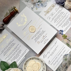 Floral Wedding Invitation Sample: Gold Foil, Dusty Blue, Botanical Crest