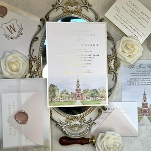 Watercolor Venue Wedding Invitation Sample: Gold Foil Press