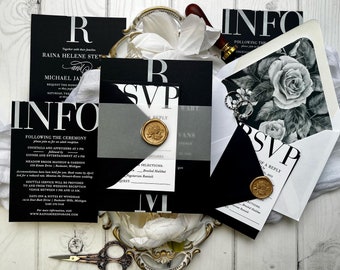 Sample Pack - Chic and Glamorous Black and White with Gold Modern Wedding Invitations