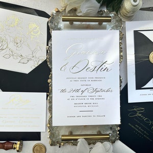 Sample Pack - Gold Foil Script Wedding Invitations with Black Envelopes 303F | Black and White with Gold