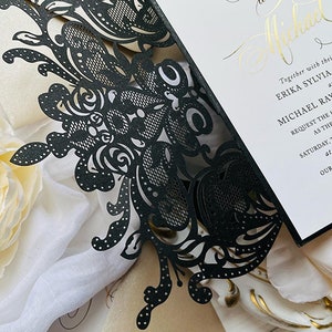 Sample Pack Black King Lace Lasercut Gatefold Wedding Invitations with Real Gold Foil image 4