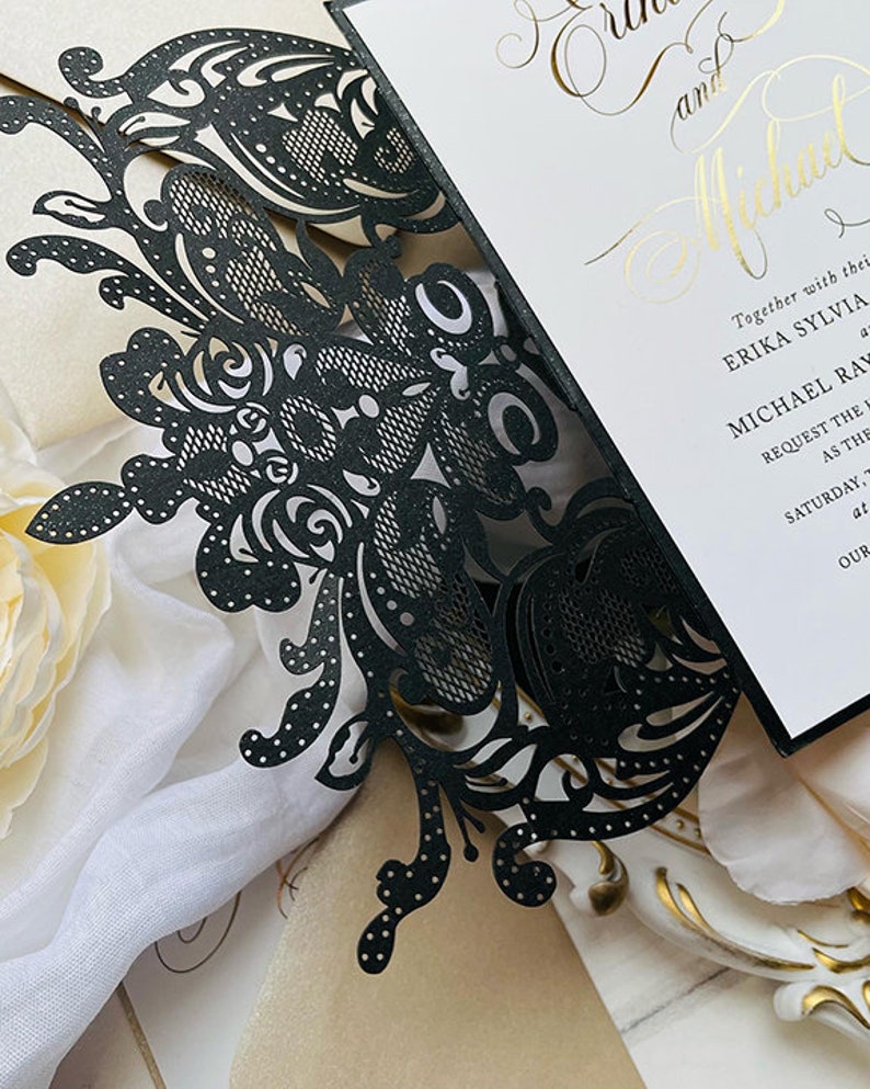 Sample Pack Black King Lace Lasercut Gatefold Wedding Invitations with Real Gold Foil image 4