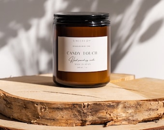 Handmade Black Cherry Scented Soy Candle with Wooden Wick in Amber Glass Jar