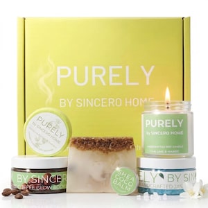 PURELY by SINCERO HOME Badegeschenkset: Sojawachskerze Mango & Limette, Jasmin Badesalz, Kaffeepeeling und mehr
