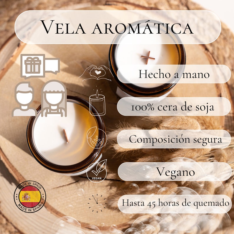 Vela aromática, hecha a mano, 100% cera de soja, composición segura, vegana, hasta 45 horas. Vista superior de dos velas en frascos ámbar con una superficie de cera de soja impecable. Dentro de las velas dos tipos de mechas: clásicas y de cruz