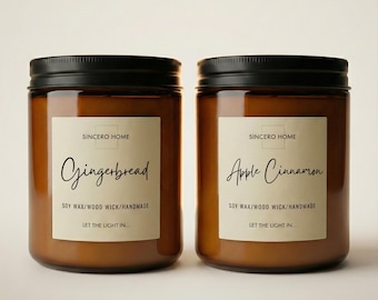 Set of 2 Handmade Soy Candles with Wooden Wick – Exclusive Scents in Amber Jar