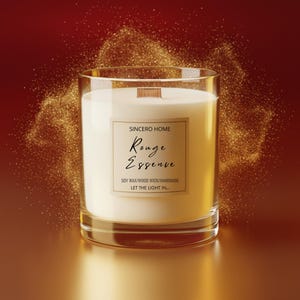Op de afbeelding: Een glazen kaars met crème was en een houten lont. Het etiket luidt "SINCERO HOME Rouge Essence". Gouden glitter omringt de kaars tegen een rode en gouden achtergrond. De tekst "LET THE LIGHT IN..." is ook zichtbaar.