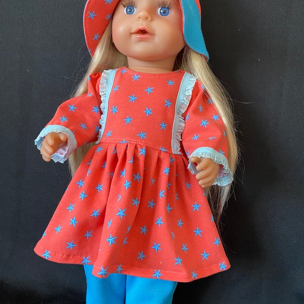 Ensemble de vêtements de poupée 3 pièces pour une poupée de 48 cm de haut. Le chapeau ne convient pas aux poupées sans poils. Vêtements/accessoires non originaux