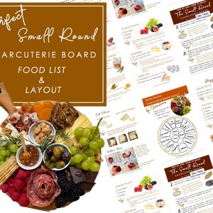 May include: A guide to creating a small round charcuterie board with a food list and layout. The guide includes a list of fresh fruits, cheese, add-ons, cold cuts, savory nuts and dry foods, and a shopping list. The guide also includes a visual layout of the board with a circle divided into sections for each food category.