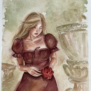 Dipinto ad acquerello originale giardino ragazza bella donna figura opera d'arte sensuale arte viso idea regalo decorazione da parete pittura fantasy colorata