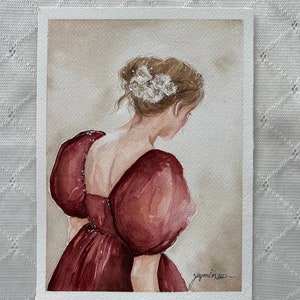 Dipinto ad acquerello originale Dipinto a mano Ragazza opera d'arte Ragazza estetica Vestito rosso Corpo Figura Arte Artistico Piccolo Vintage Bellissimo Vittoriano