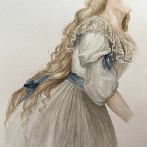 Dipinto originale ad acquerello, figura di donna, bellissima, sensuale, vittoriana, medievale, rinascimentale, vintage, idea regalo, decorazione per la casa, arazzo da parete