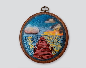 Embroidered Painting Sea Sunset with Fluffy Clouds, Handmade 3D Embroidery Hoop for Wall/Shelf Decor, Romantic Gift 12cm