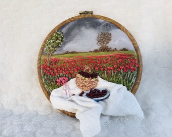 Hand Embroidered Floral Wall Art in Hoop 15.5 cm, Small Textile Artwork