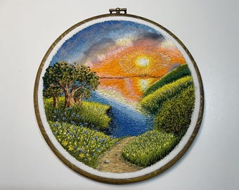 Hand Embroidered Sunset Landscape Hoop Art, 20 cm Textile Wall Decor