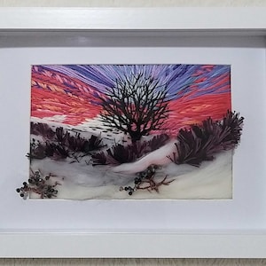 Hand Embroidered Winter Landscape with Sunset, Tree and Beaded Berries, 3D Embroidery for Wall/Shelf decor, Handmade Gift in frame 18x23 cm