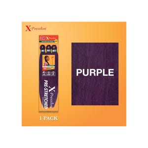 Puede incluir: Un paquete de cabello para trenzar pre-estirado X-Pression en morado. El paquete muestra el nombre de la marca y los detalles del producto, con el texto "PURPLE" a la derecha. El producto está etiquetado como 3X y mide 147 cm de largo.