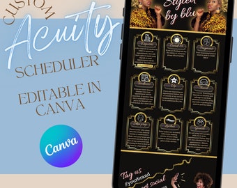May include: A black and gold mobile phone screen displaying a customizable appointment scheduler template for a beauty business called "Stylea by blu". The template includes sections for deposits, COVID-19, payments, tardiness, up, travel, skin prep, lashes, and guests. The text "Tag us #yourbrand Pets get social Follow us @VglamArt" is at the bottom of the screen.