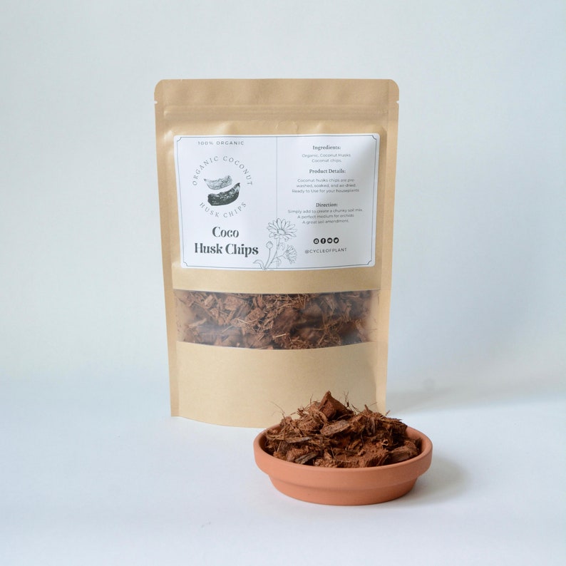 Close-up image of the coconut husk, with the product packaging.