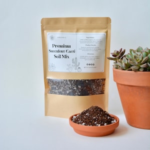 May include: A brown paper bag with a label that reads "Organic Premium Succulent/Cacti Soil Mix" and a small illustration of a cactus. The bag is filled with a brown soil mix. A small terracotta pot with a succulent plant is in the foreground.