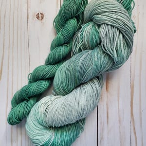 May include: Two skeins of yarn in shades of green. The yarn is a gradient from light green to dark green.