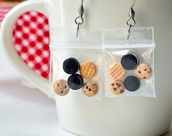 Boucles d'oreilles miniatures pour sac à collation : craquelins au fromage, biscuits, bonbons