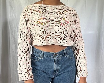 Top de manga larga floral de algodón de ganchillo, suéter hecho a mano cubierta de playa ropa de playa camisa de punto de ganchillo personalizada multicolor hecha a pedido para mujeres