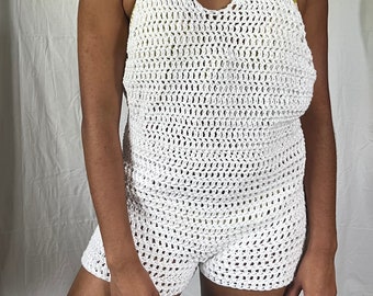 Mono mameluco de algodón de ganchillo, pantalones cortos de cubierta de playa hechos a mano ropa de playa traje de camisa de punto de ganchillo personalizado multicolor hecho a pedido para mujeres