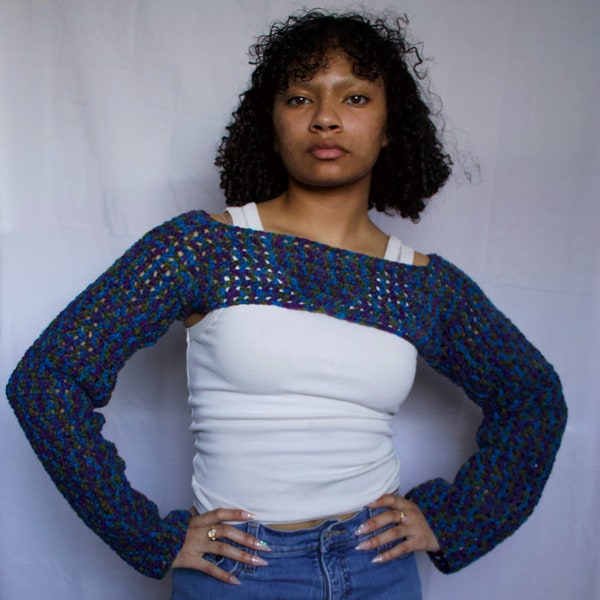 crochet mesh shrug bolero - blue and green