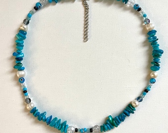 Gargantilla con cuentas, Collar de agua, Cristal de mar, Perla, Cristal, Piedra preciosa, Cierre de mosquetón de plata, Joyería de sirena de bruja de mar bohemia elegante y terrosa