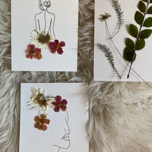 Selbstbeklebte Karte gepresste Blumen One Line Art (minimalistic)