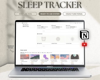 May include: A laptop computer displaying a Notion template for a sleep tracker. The template includes sections for sleep entry, mood tracker, dream journal, and dashboard. The template is designed to be highly functional and ready-to-use.