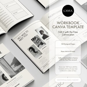 May include: A black and white image of a workbook template with the text "WORKBOOK CANVA TEMPLATE" and "Edit it with the Free Canva plan". The template is designed for use with the Canva platform and includes 120 pages in A4 and US Letter sizes. The template is fully customisable and can be used to create a variety of workbooks.