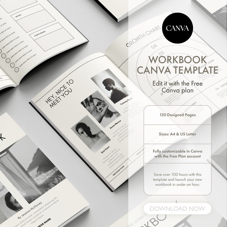 May include: A black and white image of a workbook template with the text "WORKBOOK CANVA TEMPLATE" and "Edit it with the Free Canva plan". The template is designed for use with the Canva platform and includes 120 pages in A4 and US Letter sizes. The template is fully customisable and can be used to create a variety of workbooks.