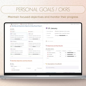Puede incluir: Una pantalla de computadora port&aacute;til que muestra un planificador digital con una secci&oacute;n titulada "Informe mensual y trimestral de objetivos y resultados clave". El informe incluye una tabla con columnas para "Objetivo", "Resultado clave" y "Progreso".