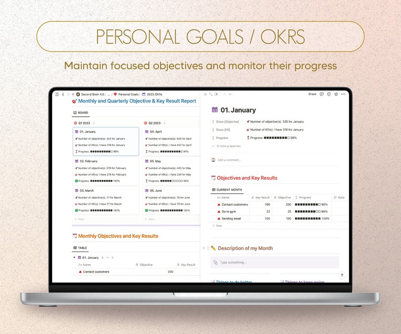 Puede incluir: Una pantalla de computadora port&aacute;til que muestra un planificador digital con una secci&oacute;n titulada "Informe mensual y trimestral de objetivos y resultados clave". El informe incluye una tabla con columnas para "Objetivo", "Resultado clave" y "Progreso".