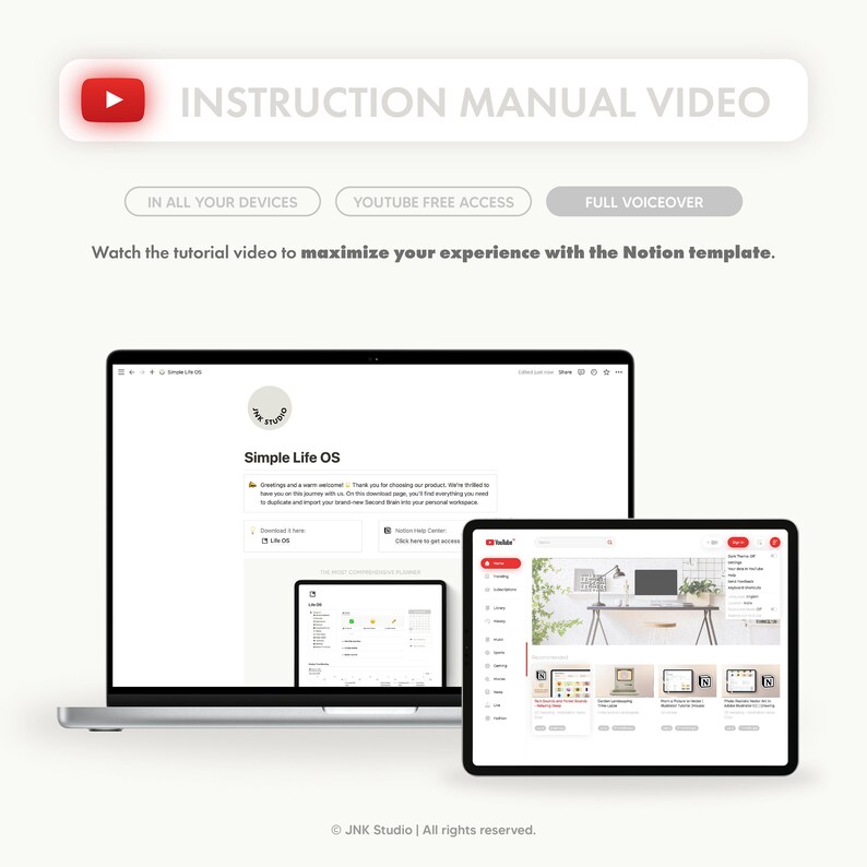 Cette image décrit qu'il est possible d'avoir accès à un manuel d'instruction sous forme de vidéo disponible directement sur YouTube. Cette vidéo est descriptive, avec une voix off en anglais.