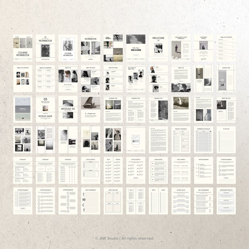 May include: A black and white workbook with a minimalist design. The workbook includes a table of contents, welcome page, and several modules. Each module includes a title page, chapter pages, notes pages, and assignment pages. The workbook is designed for a course or workshop.