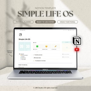 Il s'agit d'un ordinateur sur fond neutre avec un template Notion dessus : le Simple Life OS. L'image est titrée de manière similaire et un logo YouTube indique qu'il y a une vidéo sur cette même plateforme.