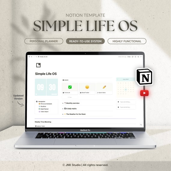 Simple Life OS Notion Template, Get Your Life Organized, Notion Planner, Productivity, Routines, Leisure, Workspace, and Schedule Planning