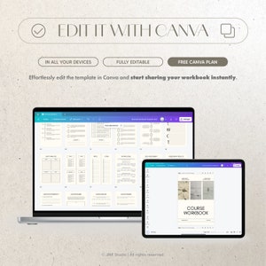 May include: A laptop and tablet displaying a digital workbook template with the text "COURSE WORKBOOK". The template is designed for use with Canva, a graphic design platform. The text "EDIT IT WITH CANVA" is displayed at the top of the image.