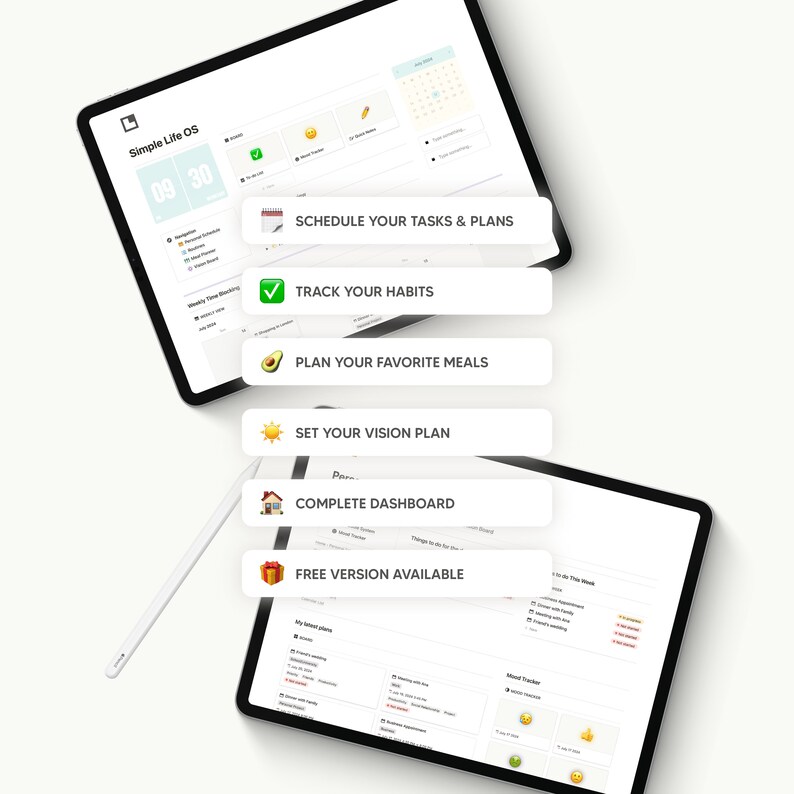 L'image indique les possibilités du template, à savoir : le calendrier personnel, le traqueur d'habitudes, le planificateur de repas, le vision board ainsi que la possibilité de télécharger une version gratuite.