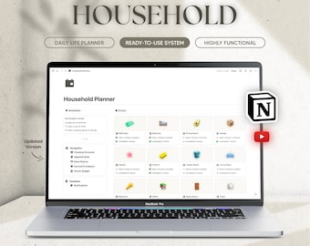May include: A laptop computer displaying a Notion template for household planning. The template includes sections for reminders, navigation, and rooms. The screen also shows the Notion logo and a YouTube play button.