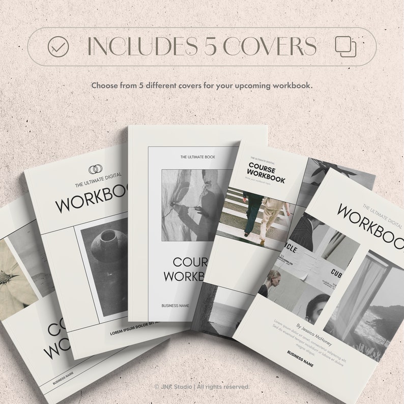 May include: Five different cover designs for a digital workbook. The covers feature a variety of images, including a person painting, a couple walking, a vase, and a beach scene. The text on the covers includes "The Ultimate Digital Workbook", "Course Workbook", and "Business Name".