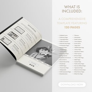 May include: A black and white image of a woman with flowers in her hair. The image is on the left side of the page. The right side of the page has a list of resources included in a 120-page template. The list includes editable covers, welcome pages, copyright notice, table of contents, meet the team pages, introduction pages, module pages, chapter page, full text page, text layout pages, image layouts, checklists and to-do lists, do's and don'ts, quick notes and tips, roadmaps, SWOT pages, pros and cons page, rating scale, self-assessment pages, questionnaires, planners, worksheets, habit trackers, Venn diagram, circle charts, ikigal chart, SMART goals page, actions page, Eisenhower matrix, chart layouts, process pages, "This or That" page, Q&A pages, contact page, call to action pages, services offered pages, agreement page, resource access pages, client review pages, and thank you pages.