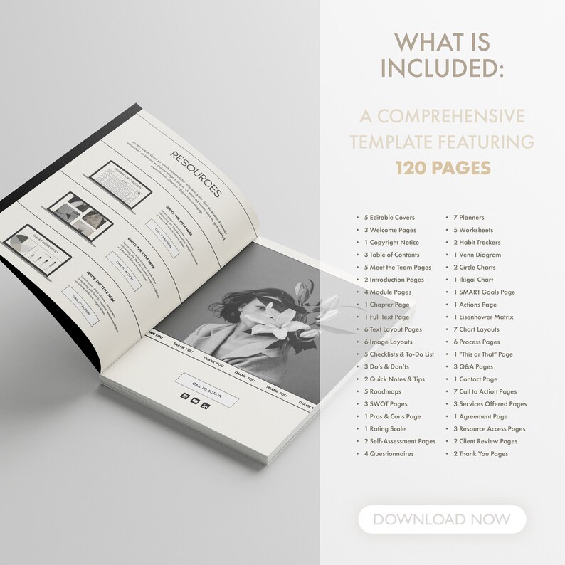 May include: A black and white image of a woman with flowers in her hair. The image is on the left side of the page. The right side of the page has a list of resources included in a 120-page template. The list includes editable covers, welcome pages, copyright notice, table of contents, meet the team pages, introduction pages, module pages, chapter page, full text page, text layout pages, image layouts, checklists and to-do lists, do's and don'ts, quick notes and tips, roadmaps, SWOT pages, pros and cons page, rating scale, self-assessment pages, questionnaires, planners, worksheets, habit trackers, Venn diagram, circle charts, ikigal chart, SMART goals page, actions page, Eisenhower matrix, chart layouts, process pages, "This or That" page, Q&A pages, contact page, call to action pages, services offered pages, agreement page, resource access pages, client review pages, and thank you pages.