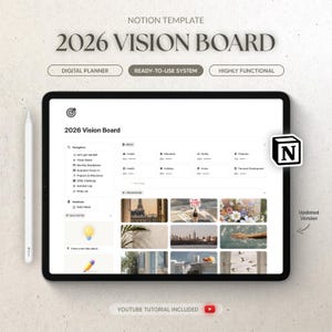 Peut inclure: Un modèle de tableau de vision numérique pour 2026, affiché sur une tablette. L'écran affiche une mise en page structurée avec des sections pour la carrière, l'éducation et la famille. Le design comprend le texte "2026 Vision Board" et "Ready-to-Use System."