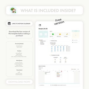 L'image se compose d'une vue générale sur le template Notion avec, en haut à gauche, le logo de Notion Calendar qui indique une compatibilité avec l'application. Juste en dessous, il est précisé qu'il est possible de télécharger une version gratuite.